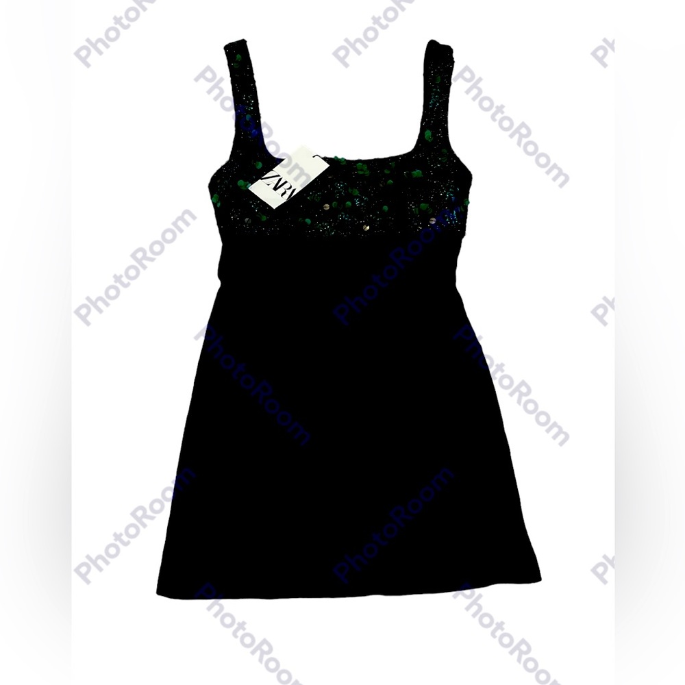 Zara Women’s XS Green/Black Sequins Top Mini Dress NWT